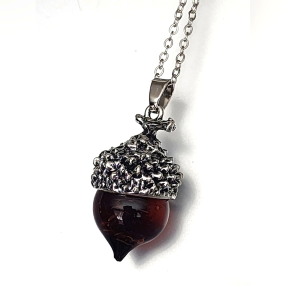 Simulated Amber Glass Acorn Necklace  Seasonal Wonder 31 inch Chain